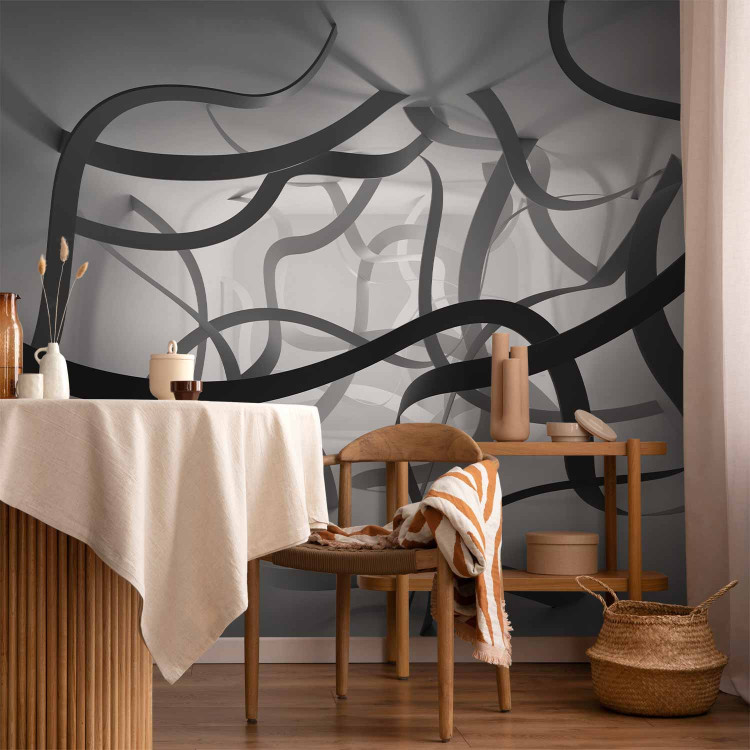 Wall Mural Tangled space - black and white abstract with fancy ribbons 129873 additionalImage 6