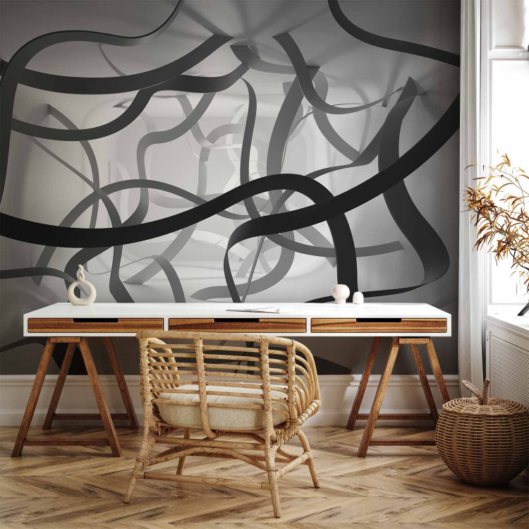 Wall Mural Tangled space - black and white abstract with fancy ribbons 129873 additionalImage 4