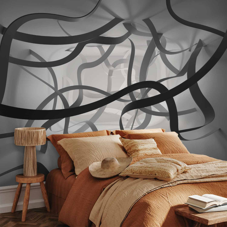 Wall Mural Tangled space - black and white abstract with fancy ribbons 129873 additionalImage 2