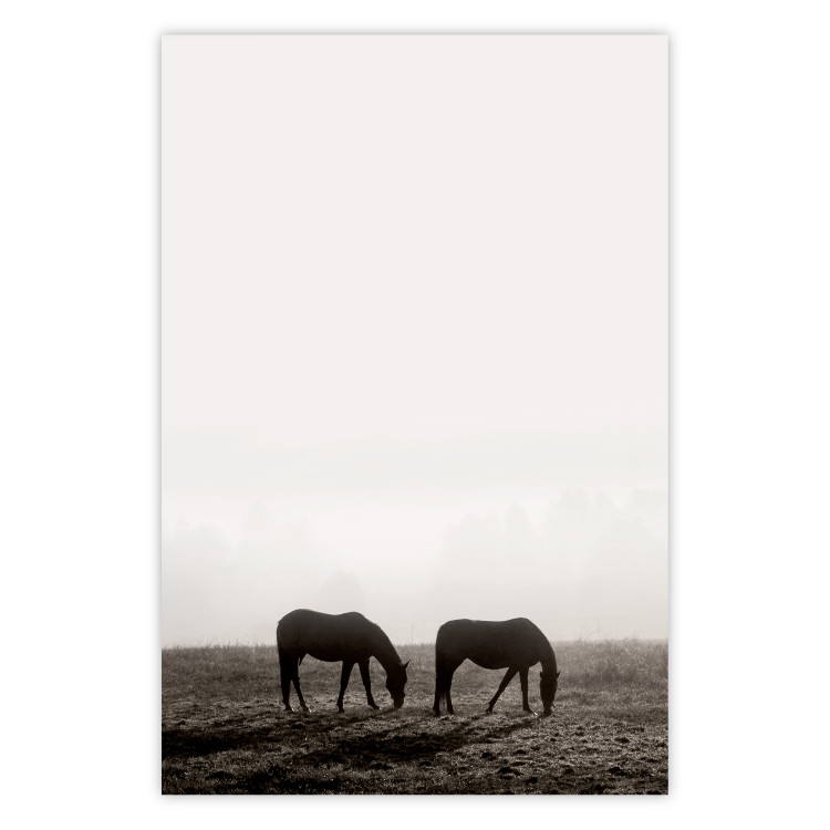 Poster Morning Respite - landscape of horses in a field against bright sky 130273