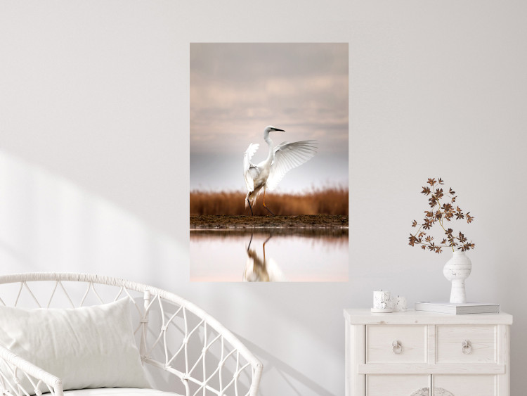 Wall Poster Autumn Over the Lake - landscape of a white bird against a golden field 130373 additionalImage 2