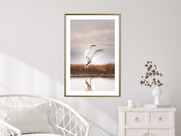 Wall Poster Autumn Over the Lake - landscape of a white bird against a golden field 130373 additionalImage 13