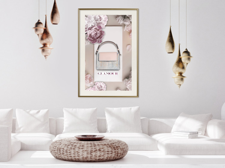 Poster Elegant Handbag - feminine bag on a light background surrounded by flowers 131773 additionalImage 22