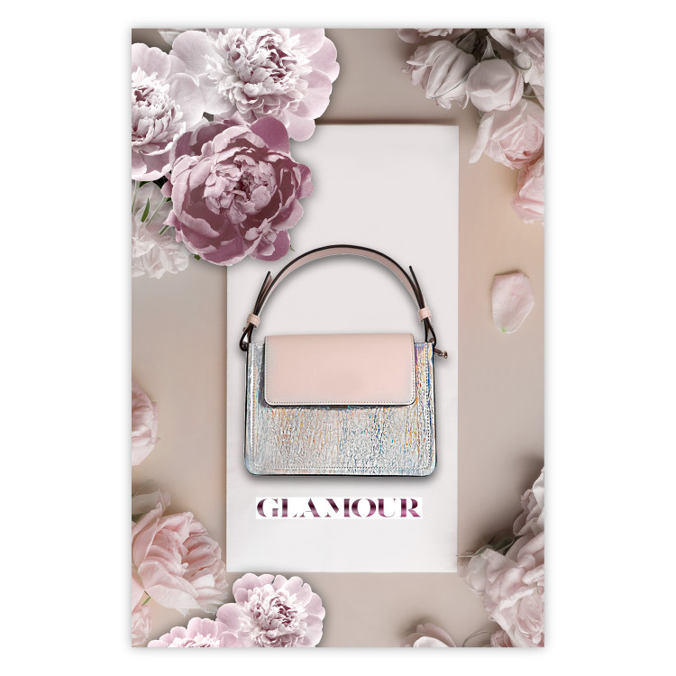Poster Elegant Handbag - feminine bag on a light background surrounded by flowers 131773