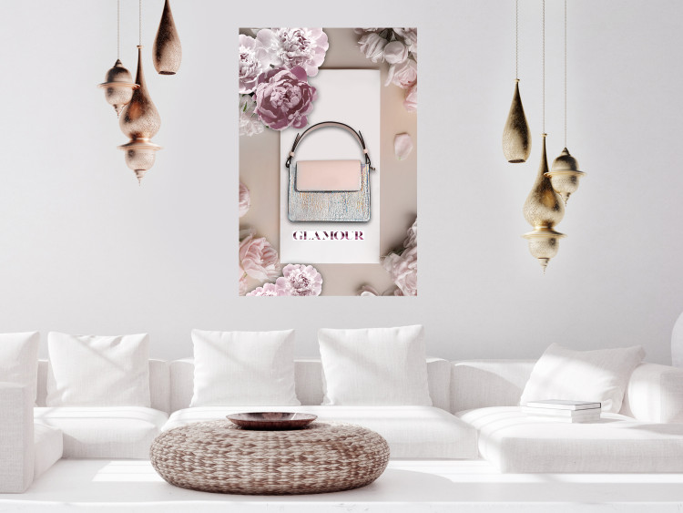 Poster Elegant Handbag - feminine bag on a light background surrounded by flowers 131773 additionalImage 2