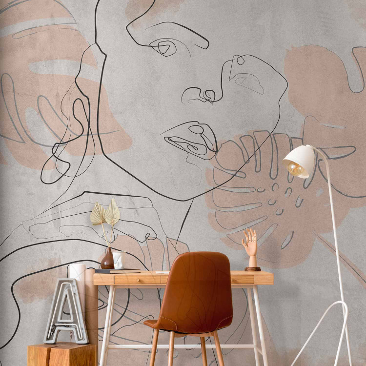 Wall Mural Delicate abstraction - outline of a woman's face on a background with pink leaves 134173 additionalImage 4