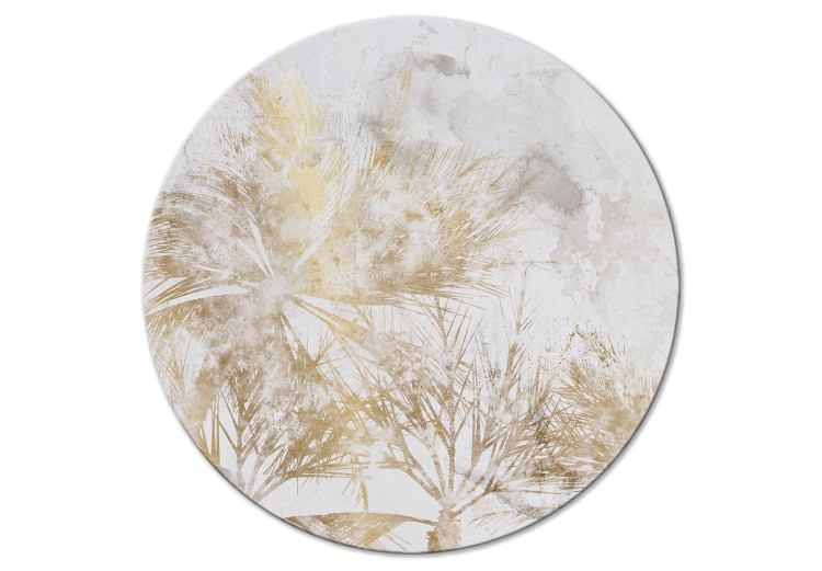 Round Canvas Tropical Leaves - Plants in Golden Shades on a Light Background 151473