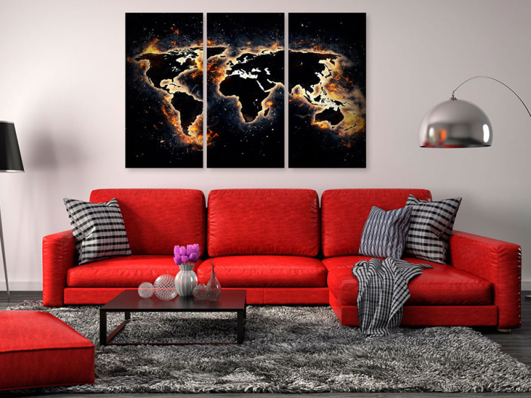 Canvas Print Flames of the World (3-part) - fiery world map on a black background 94773 additionalImage 3