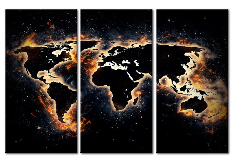 Canvas Print Flames of the World (3-part) - fiery world map on a black background 94773