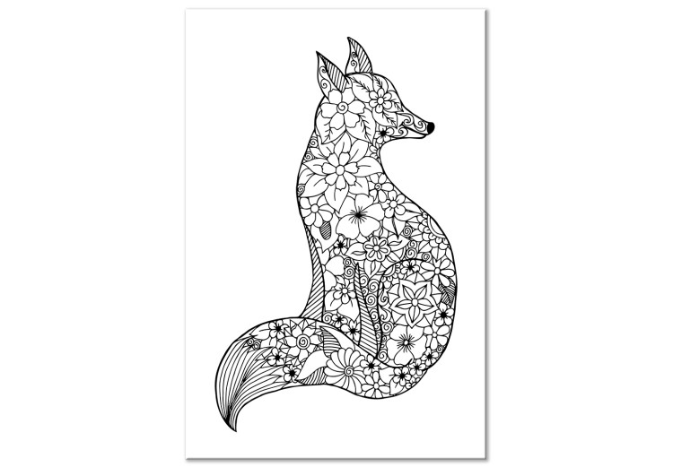 Canvas Print Fox in Floral Pattern (1-part) - Black and White Animal Pattern 114783