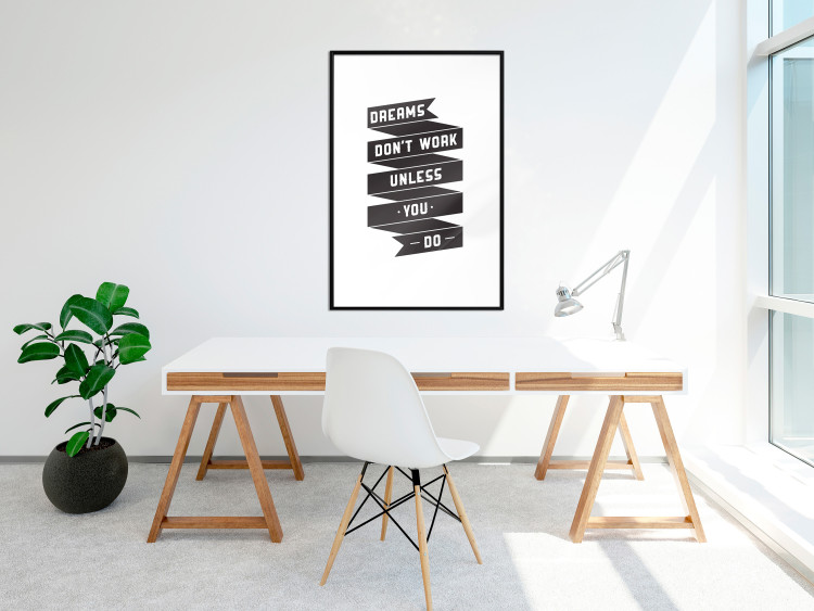 Poster Dreams don't work - black strip with English inscriptions on white background 123983 additionalImage 4