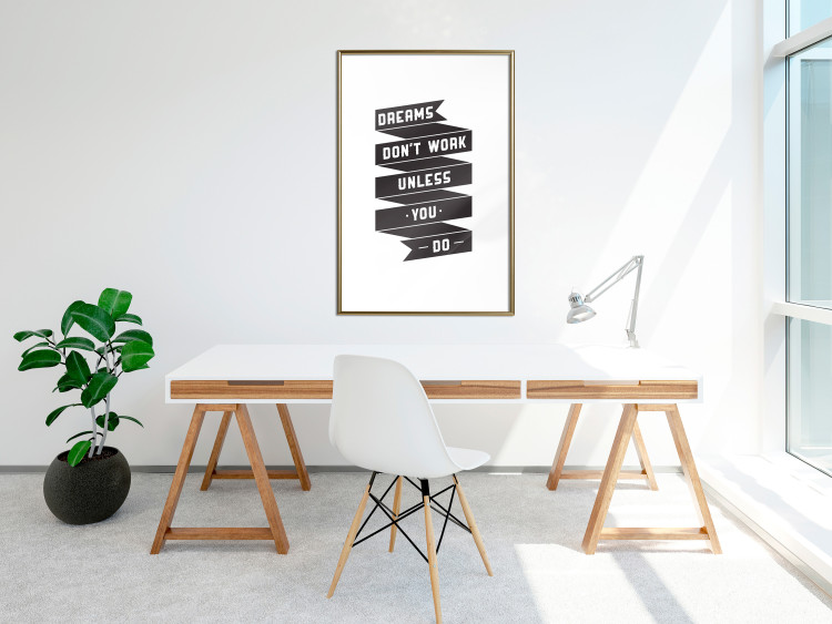 Poster Dreams don't work - black strip with English inscriptions on white background 123983 additionalImage 15