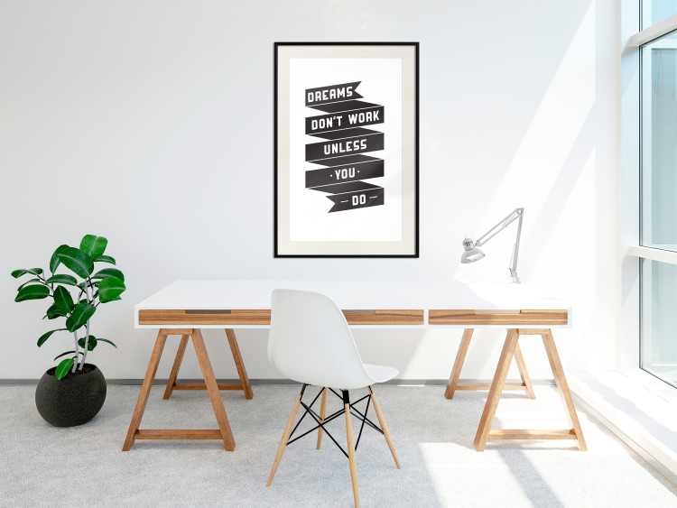 Poster Dreams don't work - black strip with English inscriptions on white background 123983 additionalImage 22