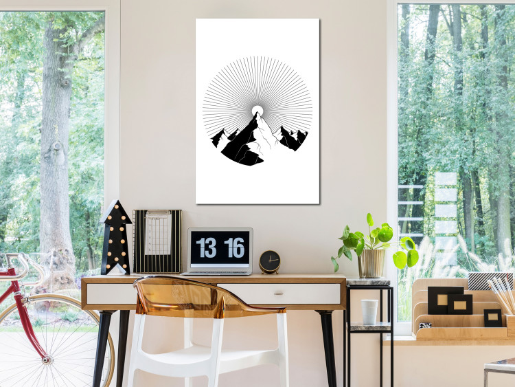 Canvas Print Mountain in the horizon - black and white, abstract mountain landscape placed in a circle on a white background 128483 additionalImage 3