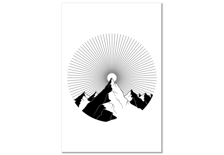 Canvas Print Mountain in the horizon - black and white, abstract mountain landscape placed in a circle on a white background 128483