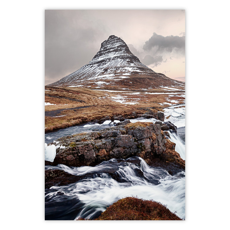 Wall Poster Kirkjufell - winter landscape of a mountain and a stream against the sky 130383