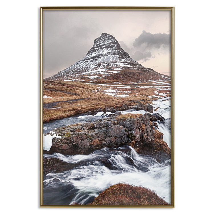 Wall Poster Kirkjufell - winter landscape of a mountain and a stream against the sky 130383 additionalImage 25