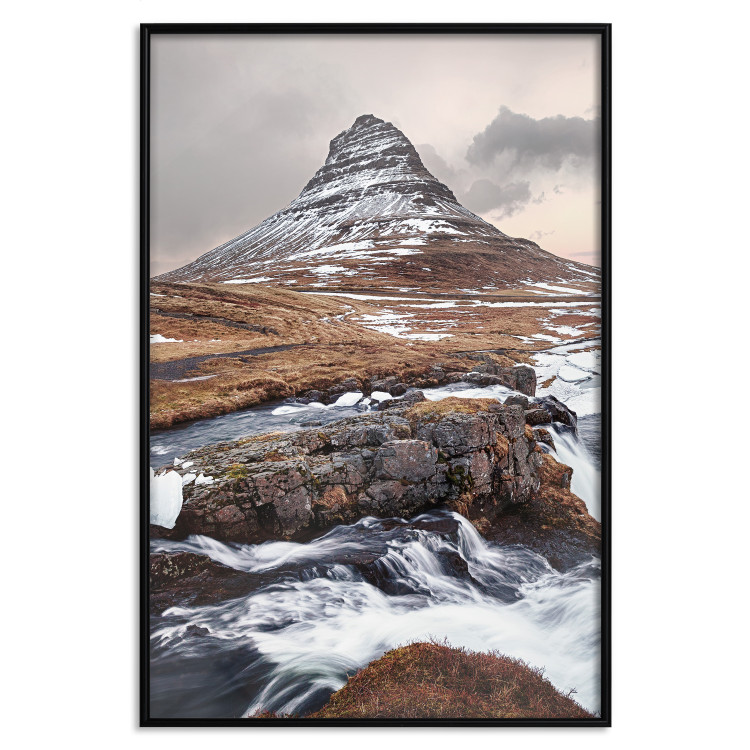 Wall Poster Kirkjufell - winter landscape of a mountain and a stream against the sky 130383 additionalImage 19