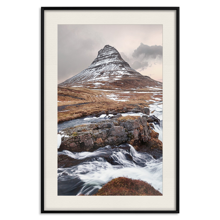 Wall Poster Kirkjufell - winter landscape of a mountain and a stream against the sky 130383 additionalImage 23