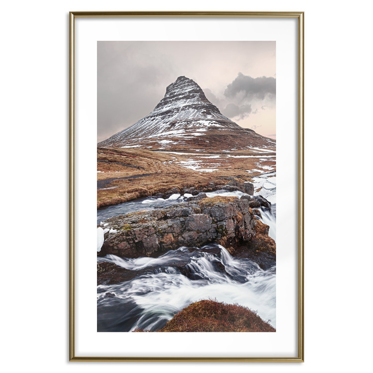 Wall Poster Kirkjufell - winter landscape of a mountain and a stream against the sky 130383 additionalImage 20