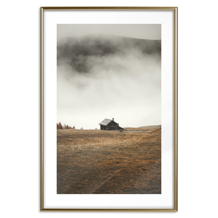 Poster Mountain Retreat - field landscape with a small cottage against white clouds 131783 additionalImage 16