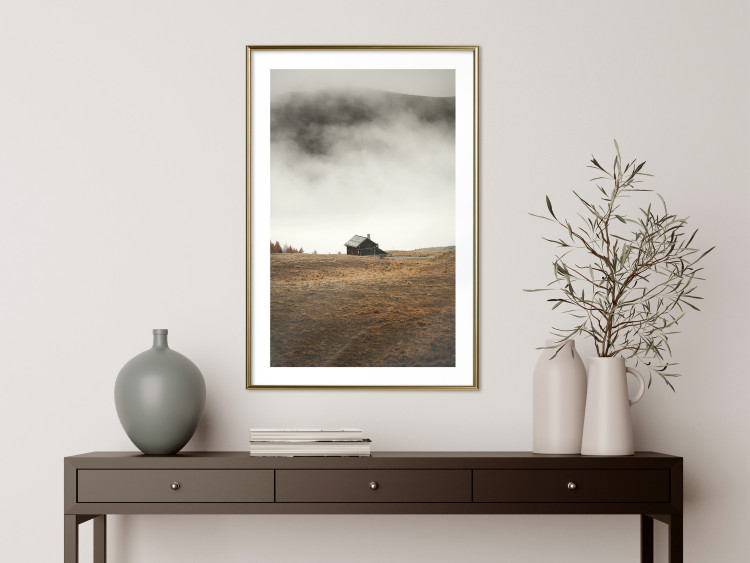 Poster Mountain Retreat - field landscape with a small cottage against white clouds 131783 additionalImage 15