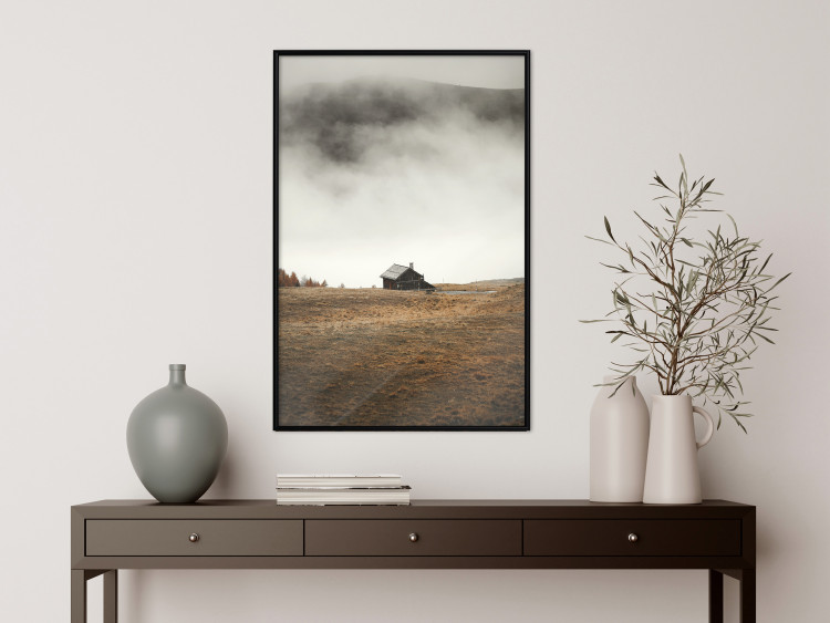Poster Mountain Retreat - field landscape with a small cottage against white clouds 131783 additionalImage 6