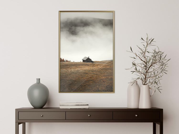 Poster Mountain Retreat - field landscape with a small cottage against white clouds 131783 additionalImage 7