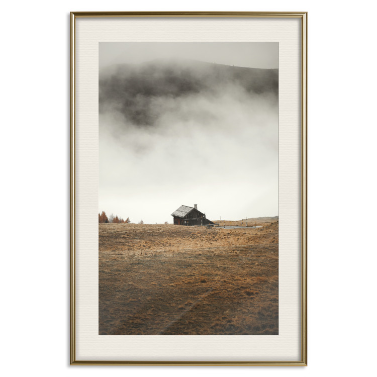 Poster Mountain Retreat - field landscape with a small cottage against white clouds 131783 additionalImage 20