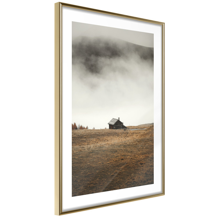 Poster Mountain Retreat - field landscape with a small cottage against white clouds 131783 additionalImage 9