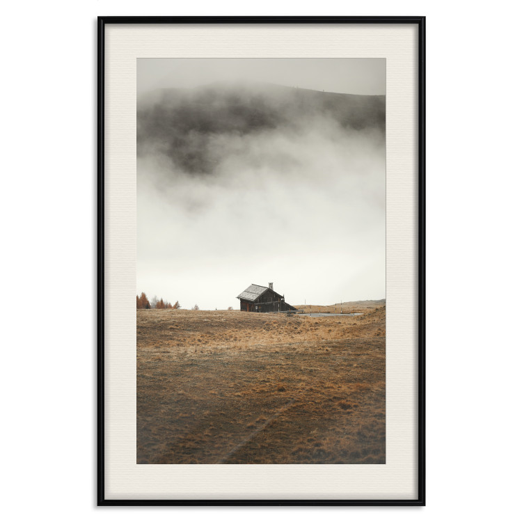 Poster Mountain Retreat - field landscape with a small cottage against white clouds 131783 additionalImage 19