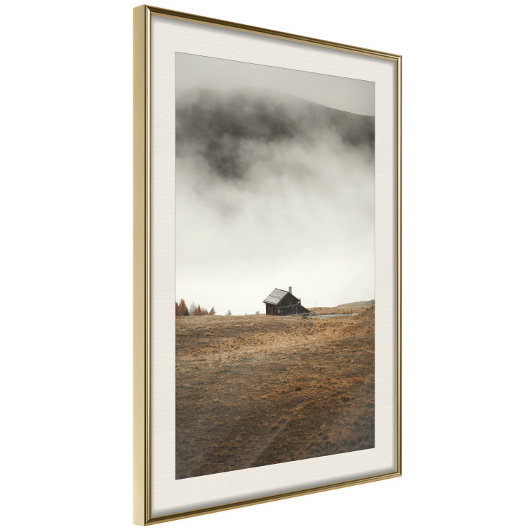 Poster Mountain Retreat - field landscape with a small cottage against white clouds 131783 additionalImage 3