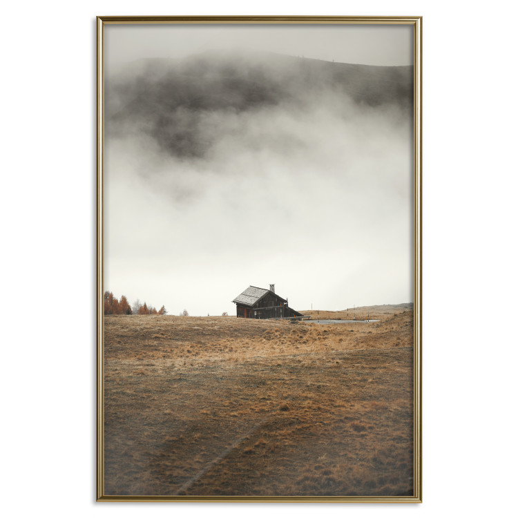 Poster Mountain Retreat - field landscape with a small cottage against white clouds 131783 additionalImage 21