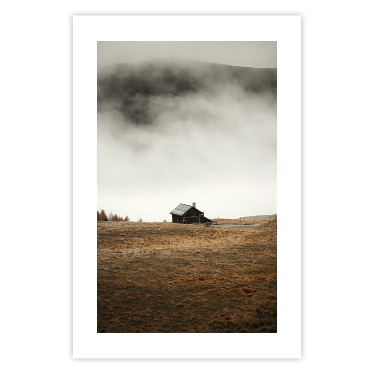 Poster Mountain Retreat - field landscape with a small cottage against white clouds 131783 additionalImage 25