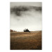 Poster Mountain Retreat - field landscape with a small cottage against white clouds 131783
