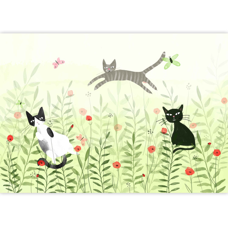 Wall Mural Cat mischief - cats in a meadow with butterflies among grass and poppies for a room 142683 additionalImage 3