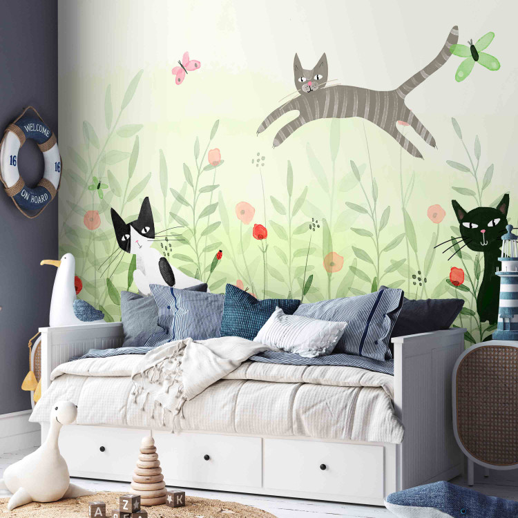 Wall Mural Cat mischief - cats in a meadow with butterflies among grass and poppies for a room 142683 additionalImage 5