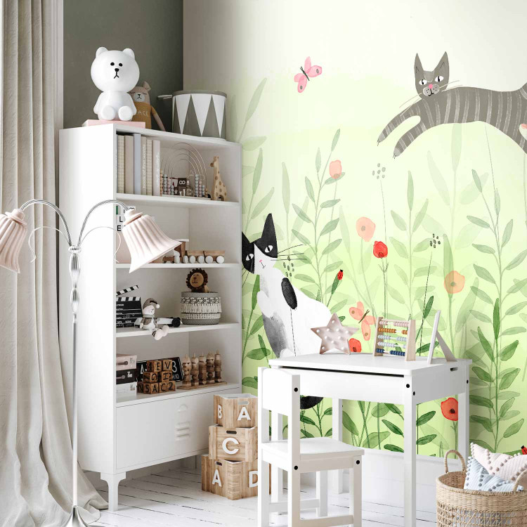 Wall Mural Cat mischief - cats in a meadow with butterflies among grass and poppies for a room 142683 additionalImage 8