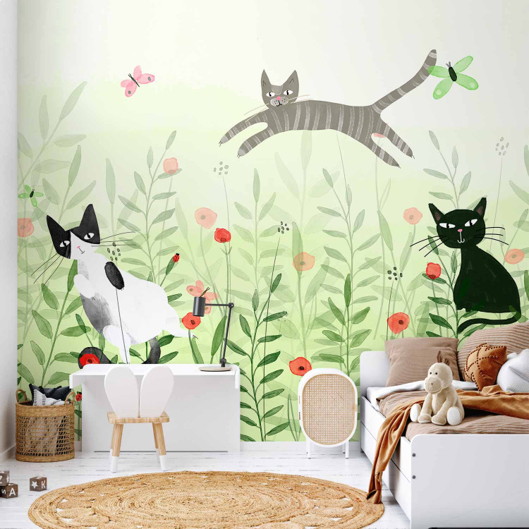 Wall Mural Cat mischief - cats in a meadow with butterflies among grass and poppies for a room 142683 additionalImage 6