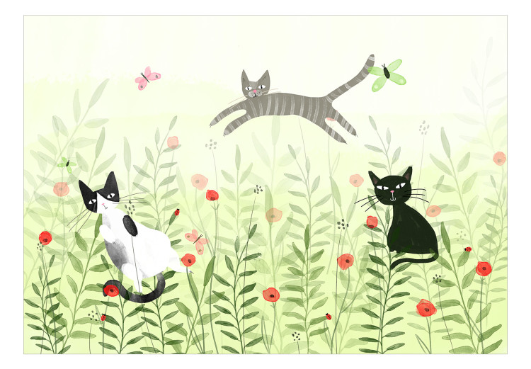 Wall Mural Cat mischief - cats in a meadow with butterflies among grass and poppies for a room 142683 additionalImage 1