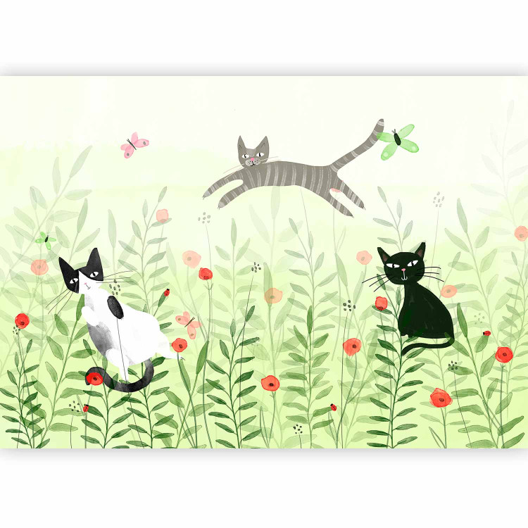 Wall Mural Cat mischief - cats in a meadow with butterflies among grass and poppies for a room 142683 additionalImage 5