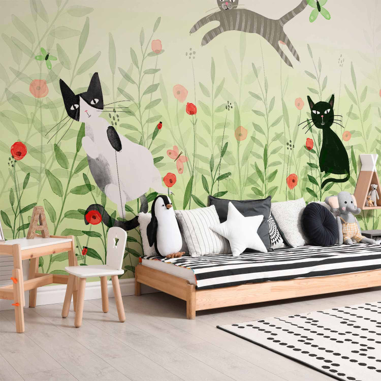 Wall Mural Cat mischief - cats in a meadow with butterflies among grass and poppies for a room 142683 additionalImage 4