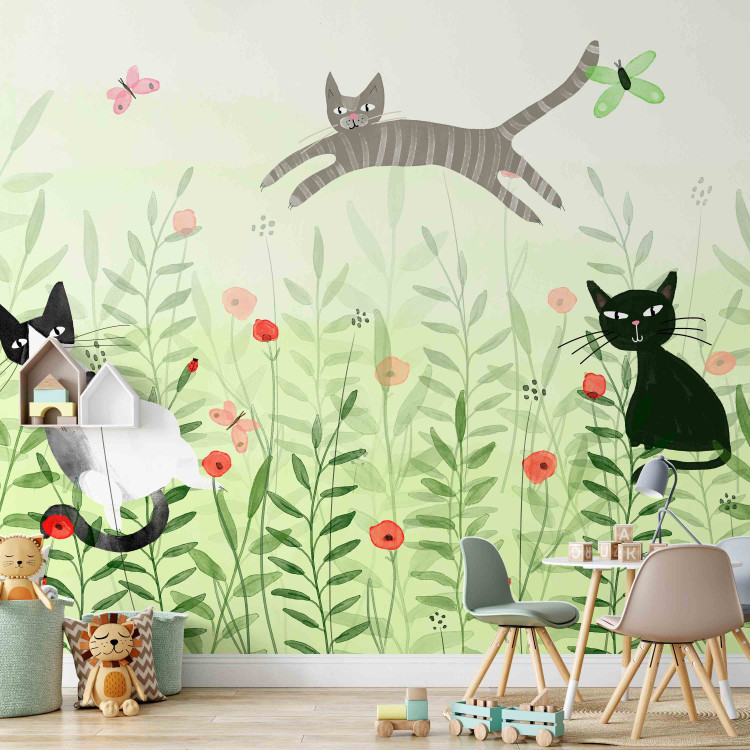 Wall Mural Cat mischief - cats in a meadow with butterflies among grass and poppies for a room 142683 additionalImage 4