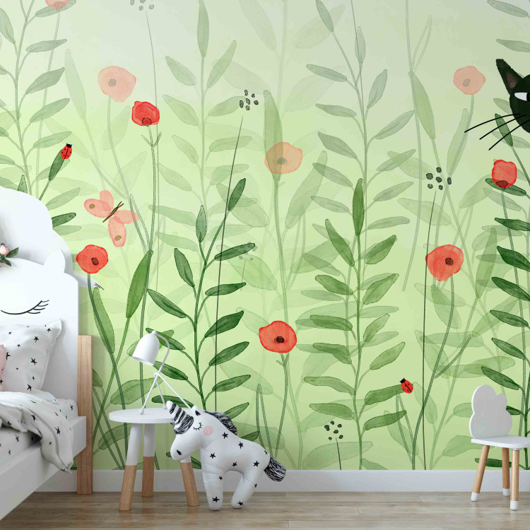 Wall Mural Cat mischief - cats in a meadow with butterflies among grass and poppies for a room 142683 additionalImage 6
