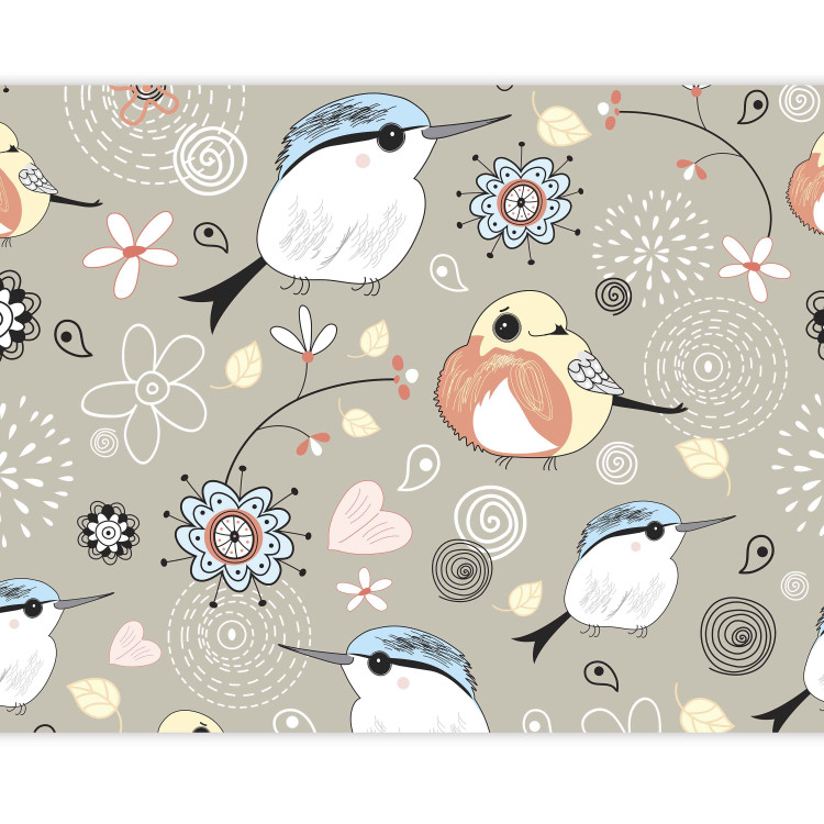 Photo Wallpaper Animals - Collage with birds and flowers on a beige background for children 61283 additionalImage 3