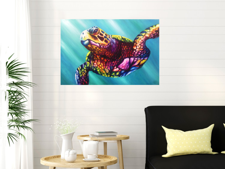 Wall Poster Colorful Turtle - abstract multicolored animal on a blue background 127093 additionalImage 2