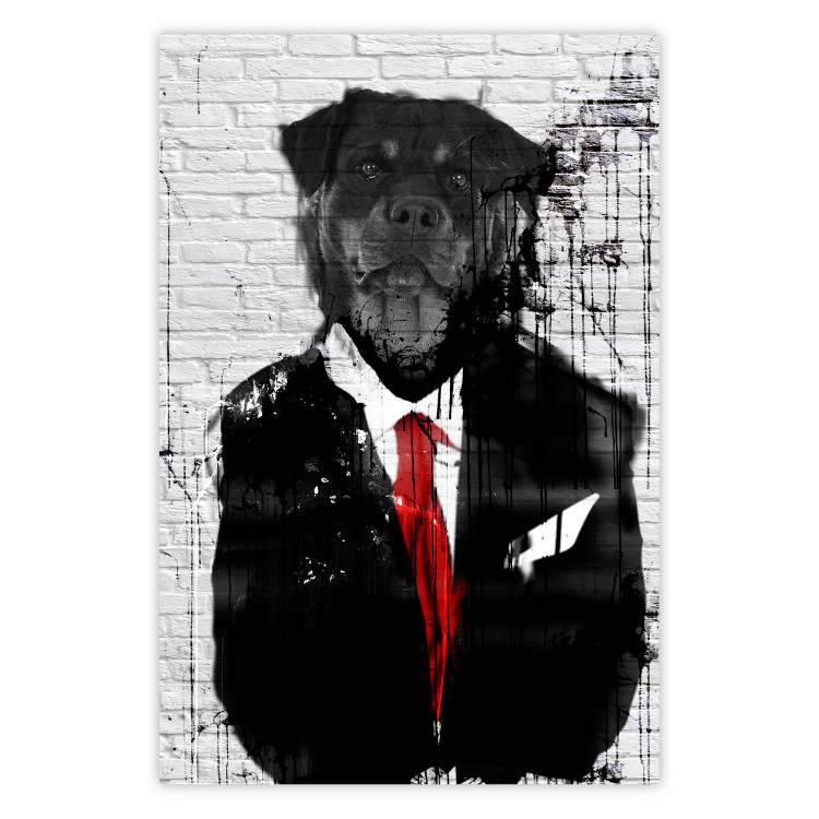 Wall Poster Elegant Rottweiler - abstraction of a dog in a suit on a brick wall 130793