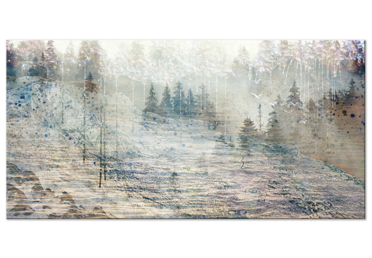 Canvas Abstract Landscape (1-piece) - forest and rocky mountains in silver 144793