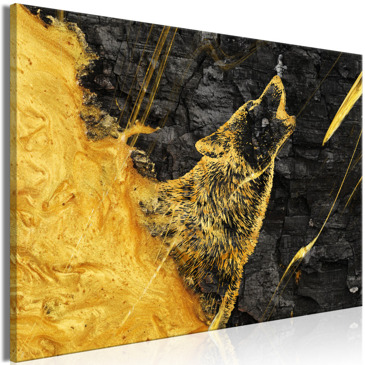 Canvas Howling Wolf - Shining Golden Animal on a Black Coal Background 148793 additionalImage 2
