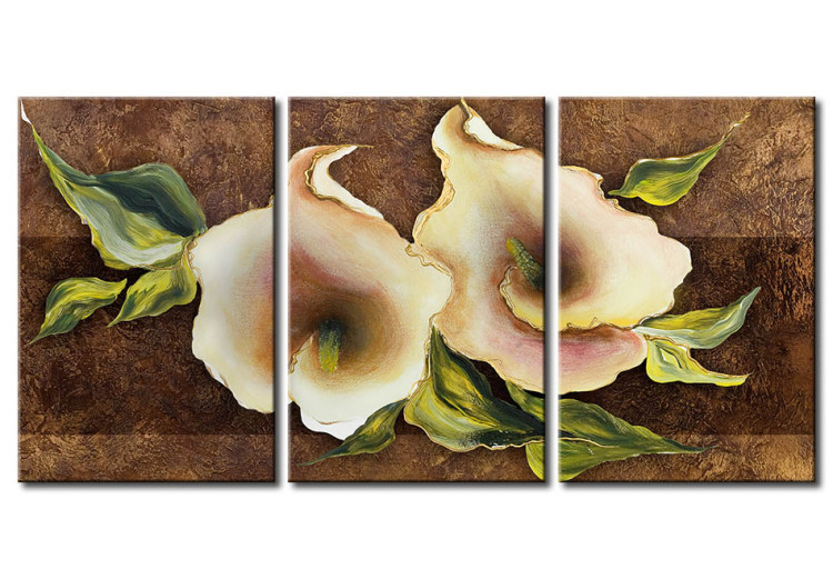 Canvas Art Print Calla lilies in brown tones (1-piece) - abstract floral motif with leaves 46693